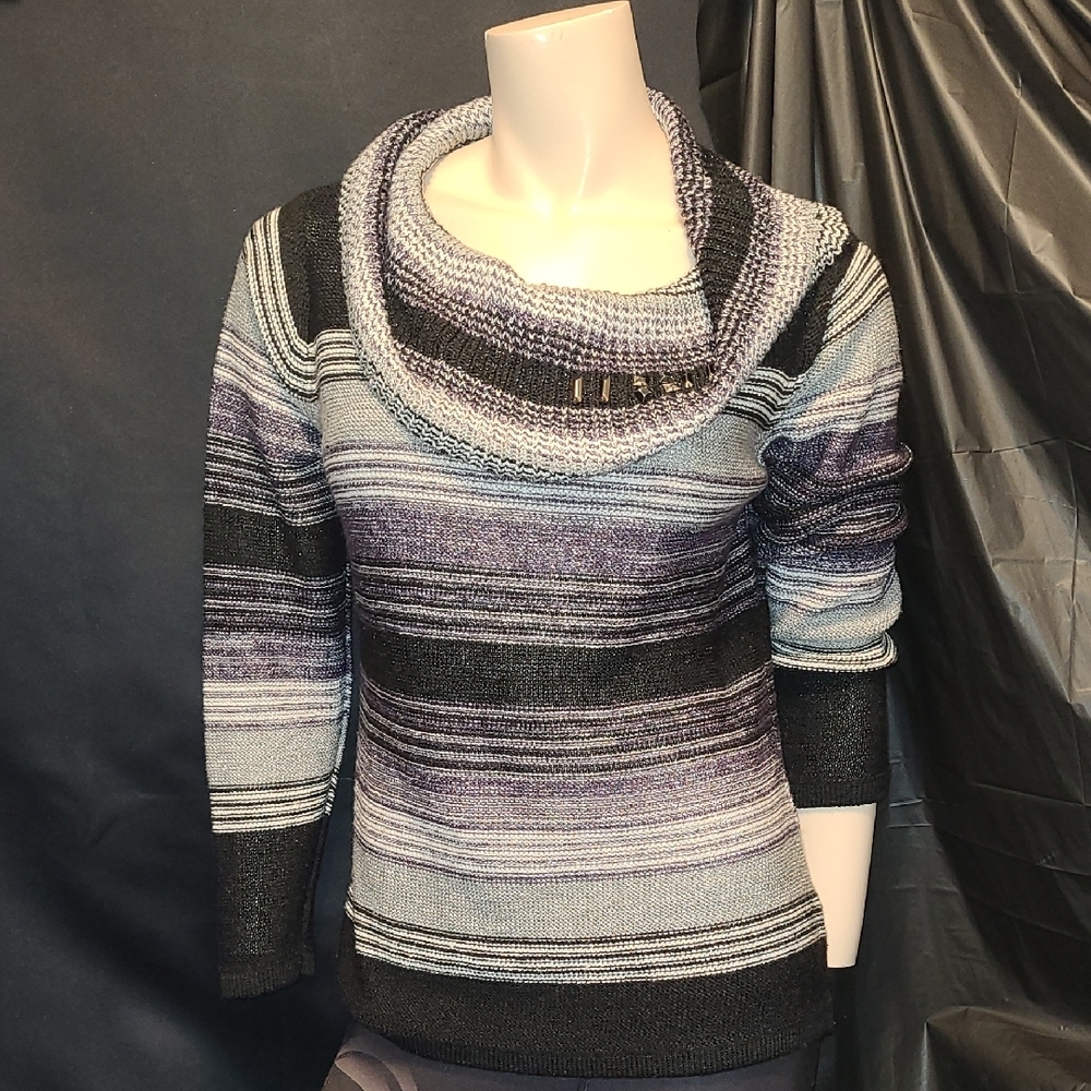LAURA Cowl Neck Striped Knit Sweater - Black, Gray & Purple